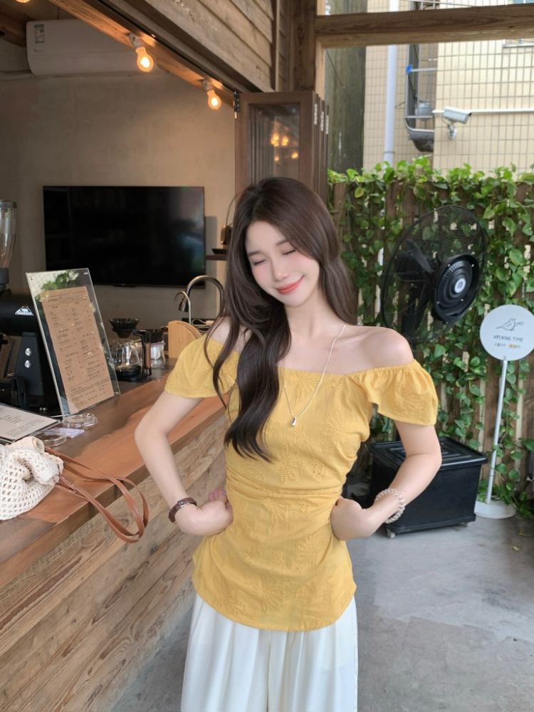 Retro embroidery hollow shirt summer strapless tops for women