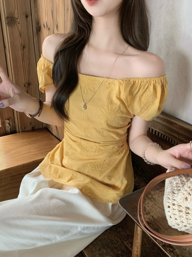 Retro embroidery hollow shirt summer strapless tops for women