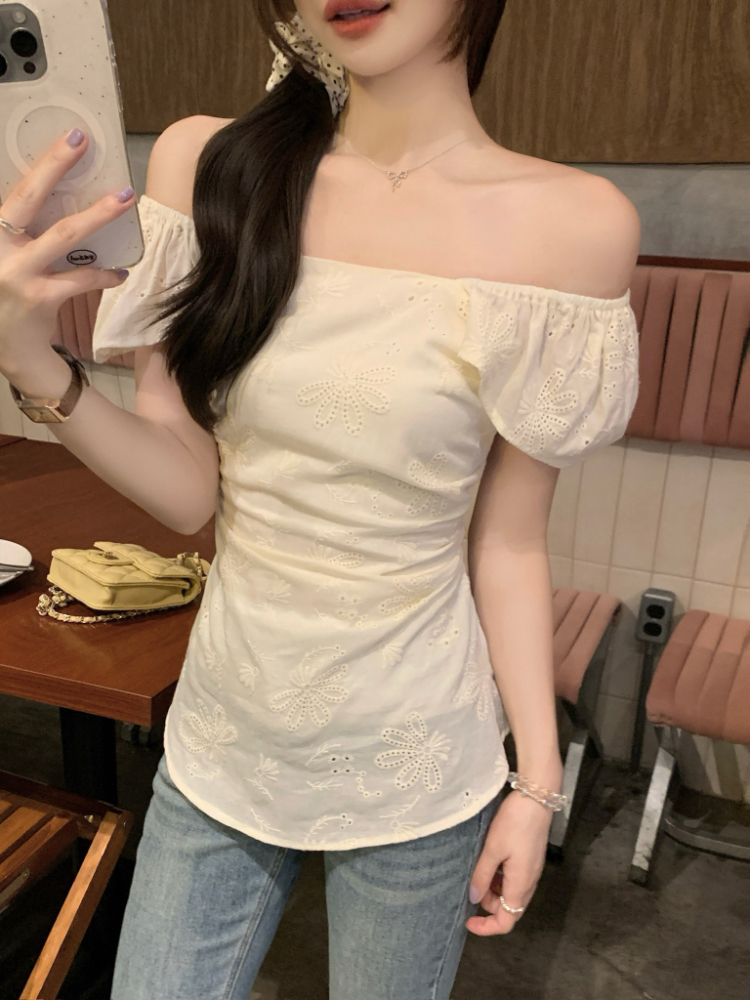 Retro embroidery hollow shirt summer strapless tops for women