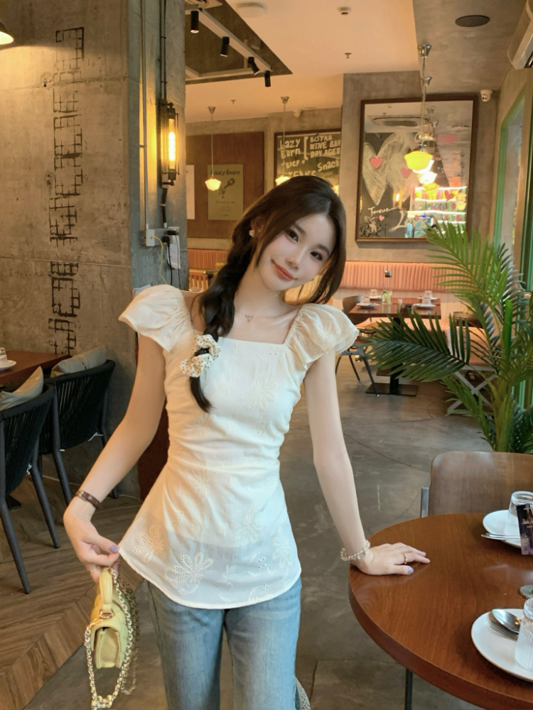 Retro embroidery hollow shirt summer strapless tops for women