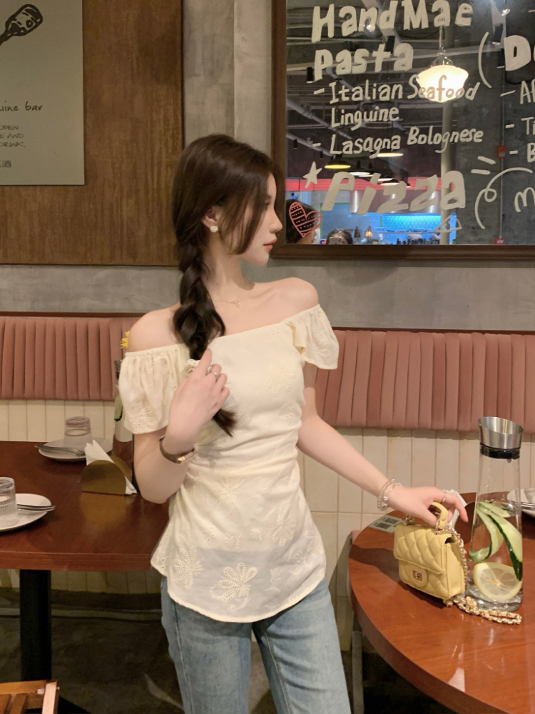 Retro embroidery hollow shirt summer strapless tops for women
