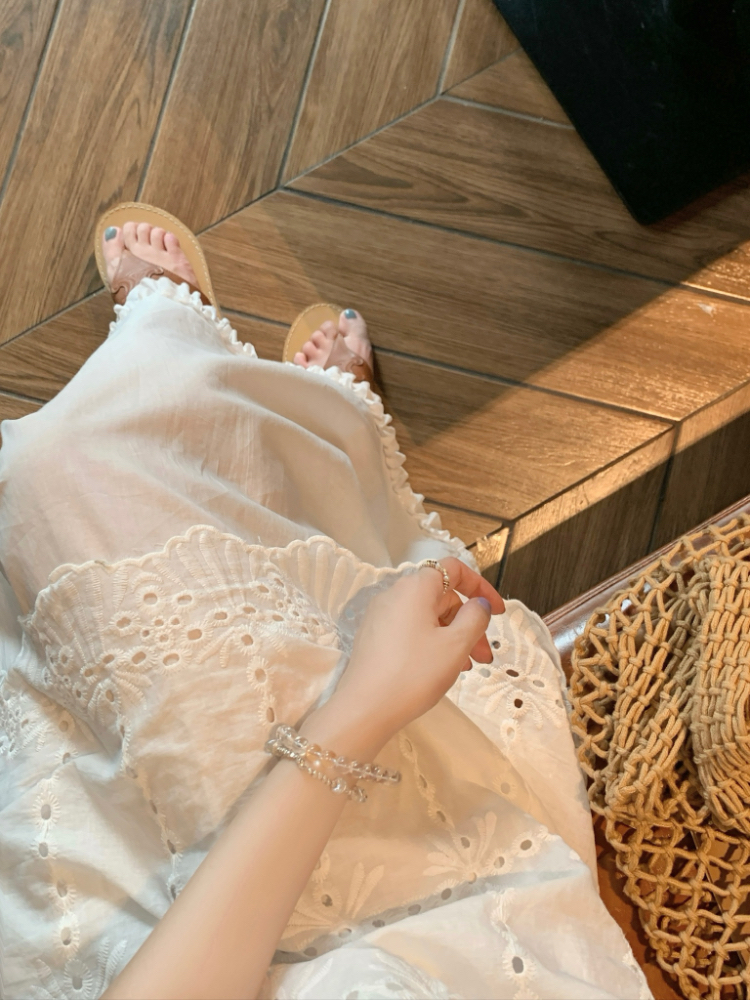 Hollow summer crochet vest France style Pseudo-two dress