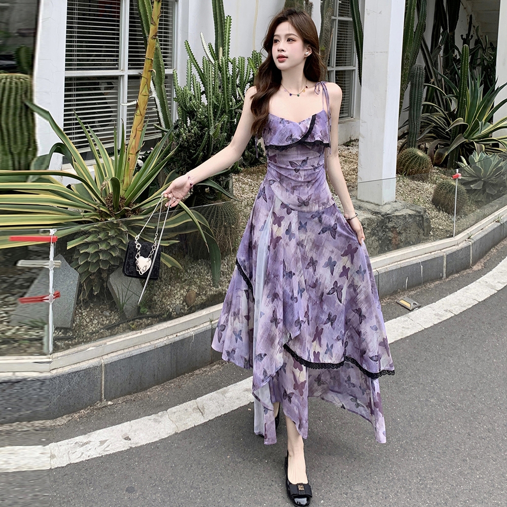 Gauze sling irregular retro large yard lady summer dress