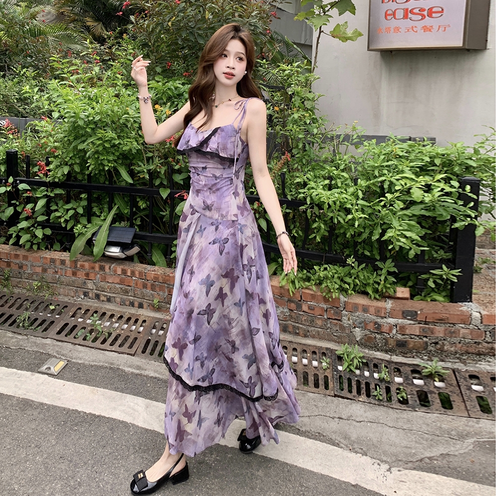 Gauze sling irregular retro large yard lady summer dress