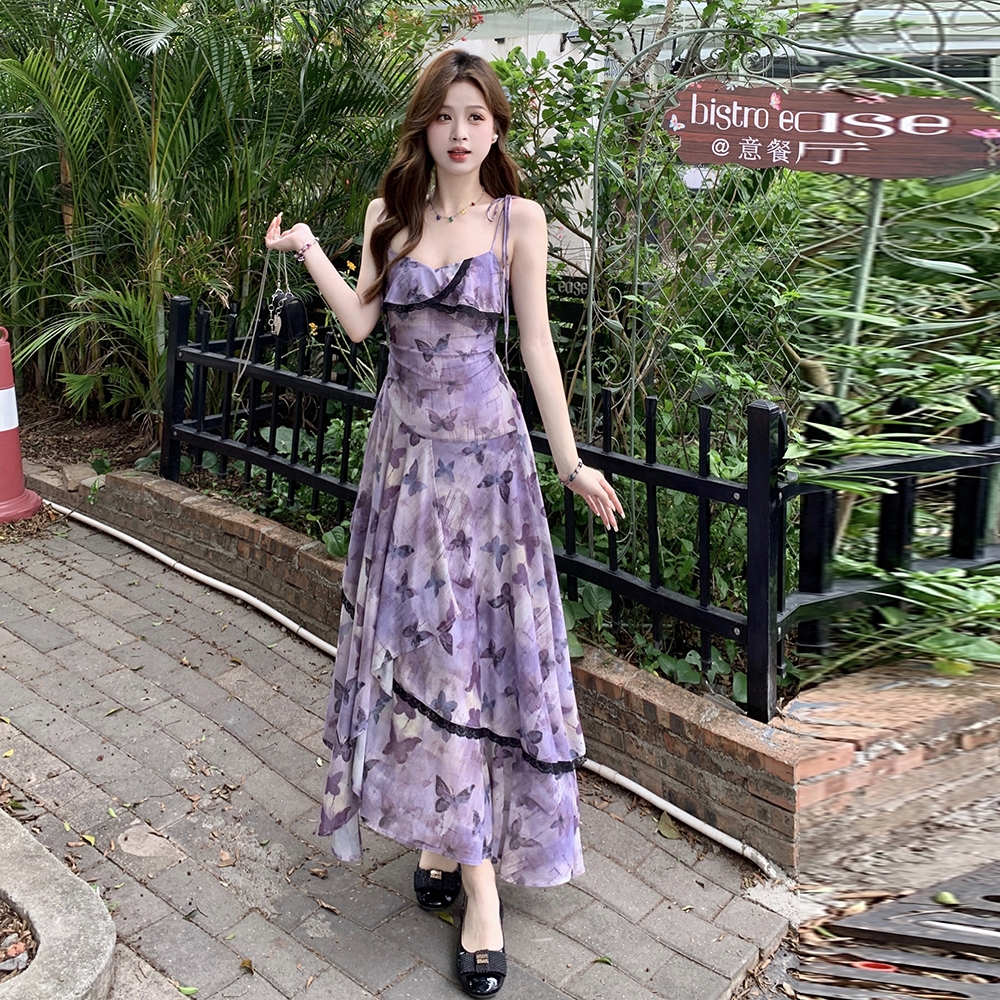 Gauze sling irregular retro large yard lady summer dress