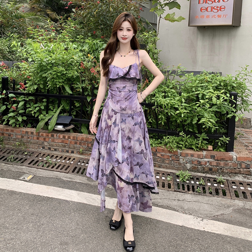 Gauze sling irregular retro large yard lady summer dress
