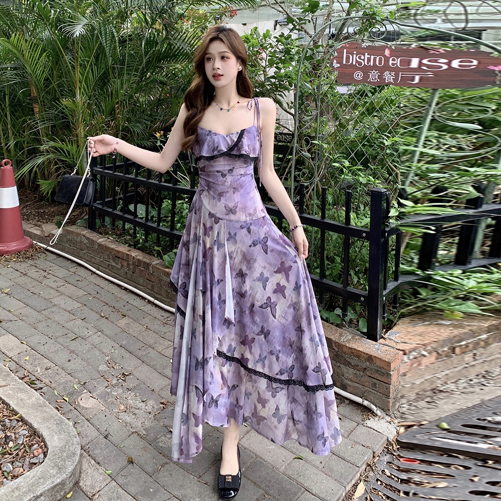 Gauze sling irregular retro large yard lady summer dress