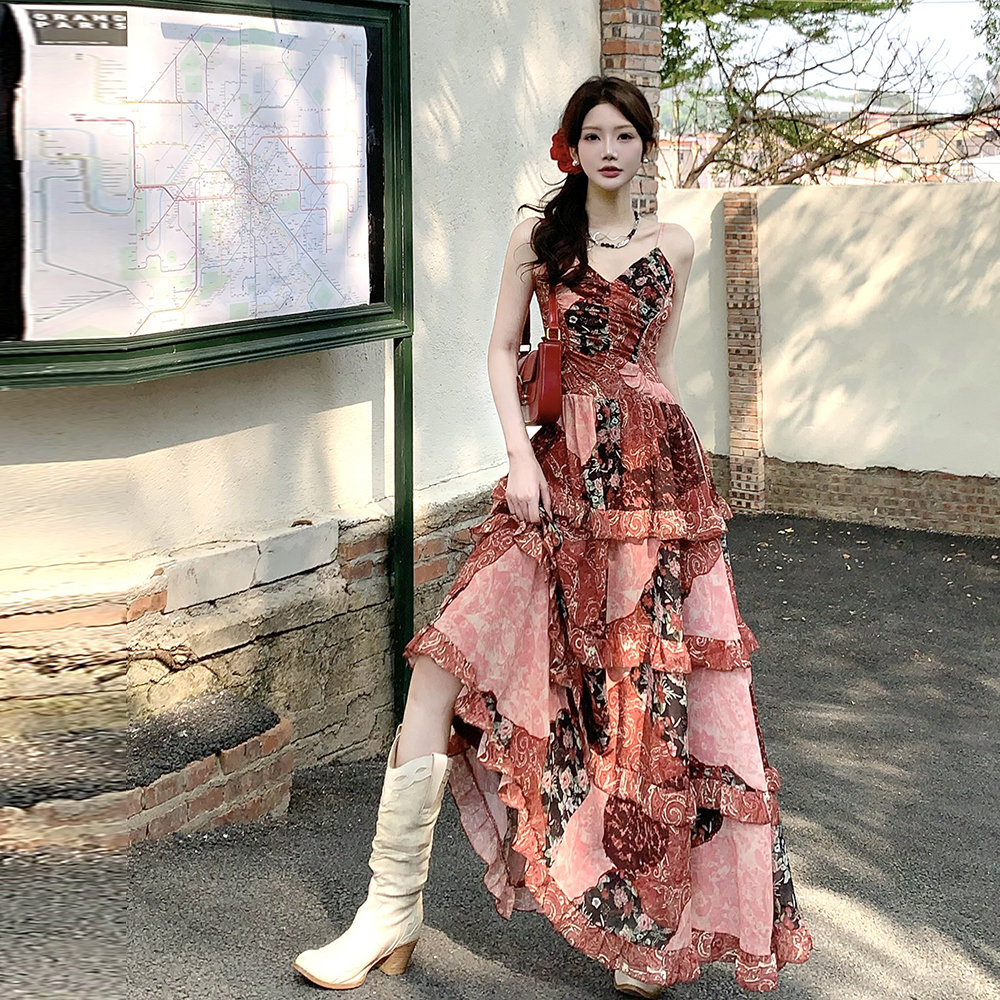 Large yard sling France style summer floral dress a set
