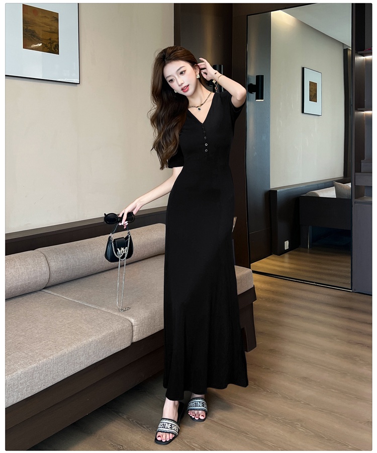 V-neck France style dress pure summer long dress for women