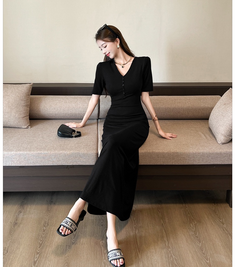 V-neck France style dress pure summer long dress for women
