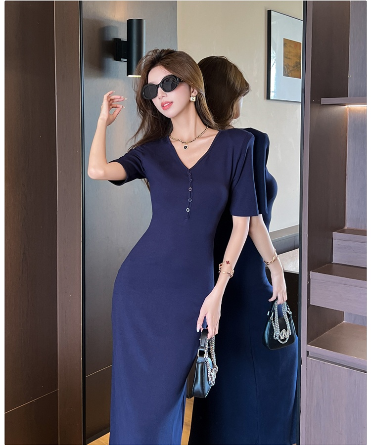V-neck France style dress pure summer long dress for women