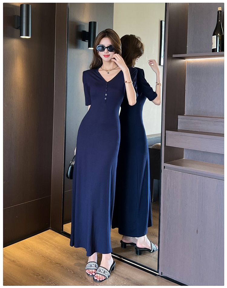 V-neck France style dress pure summer long dress for women
