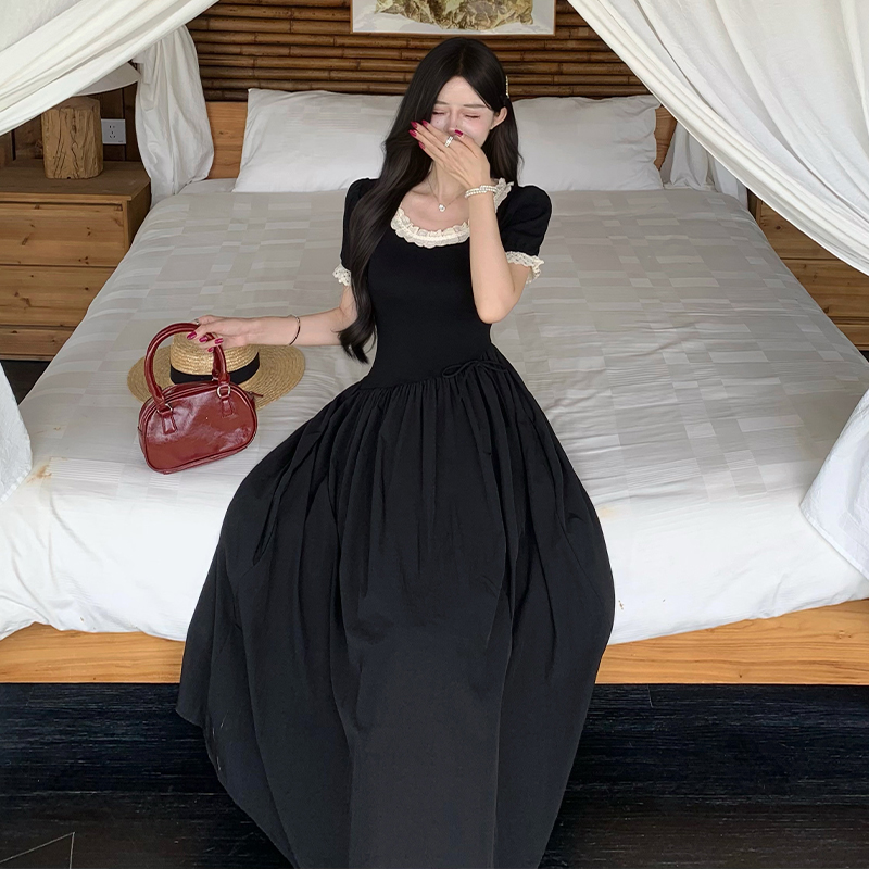 Puff sleeve long dress stitching dress for women