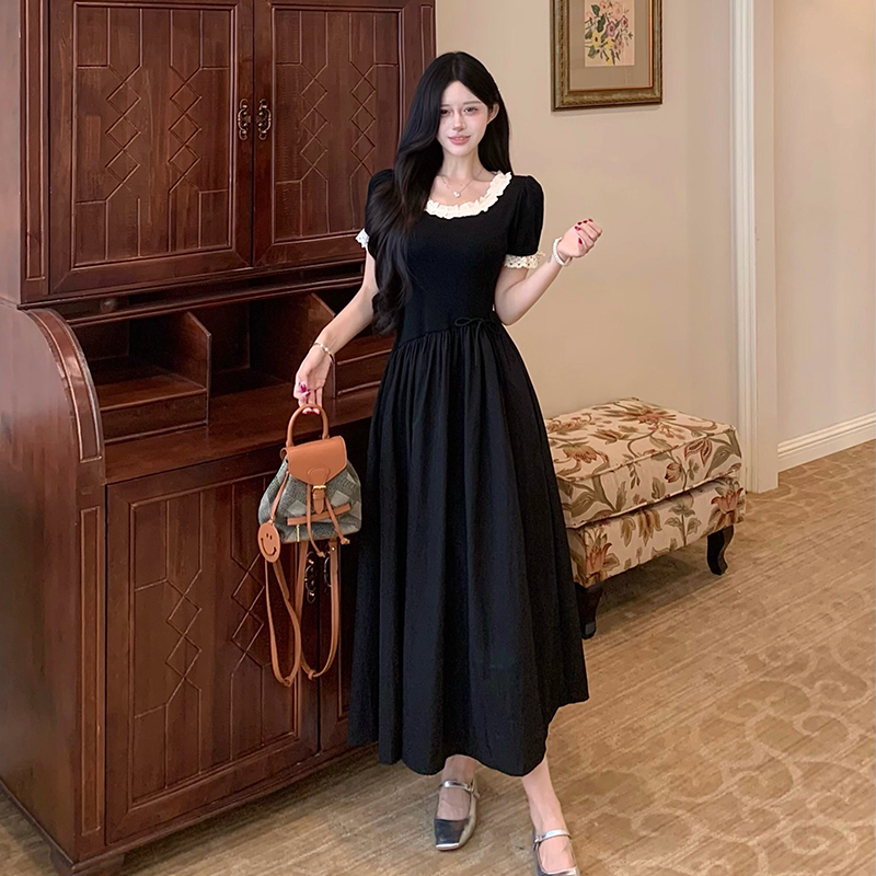Puff sleeve long dress stitching dress for women