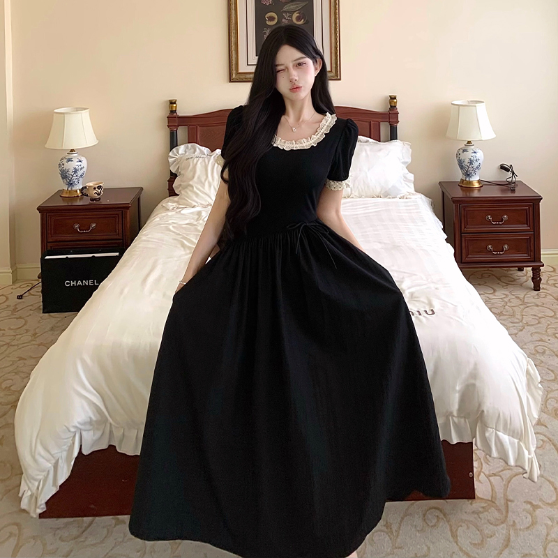Puff sleeve long dress stitching dress for women