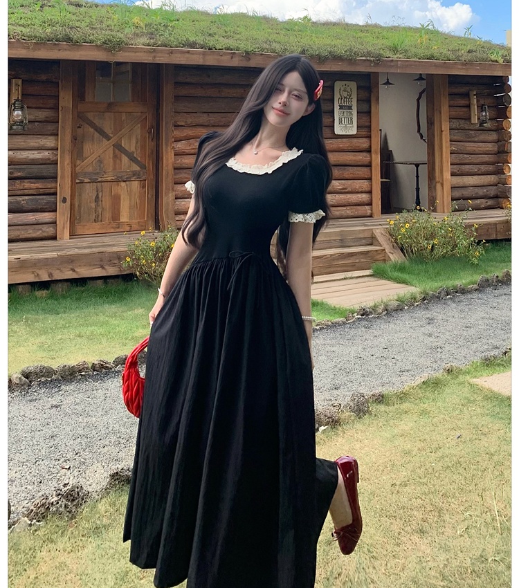 Puff sleeve long dress stitching dress for women