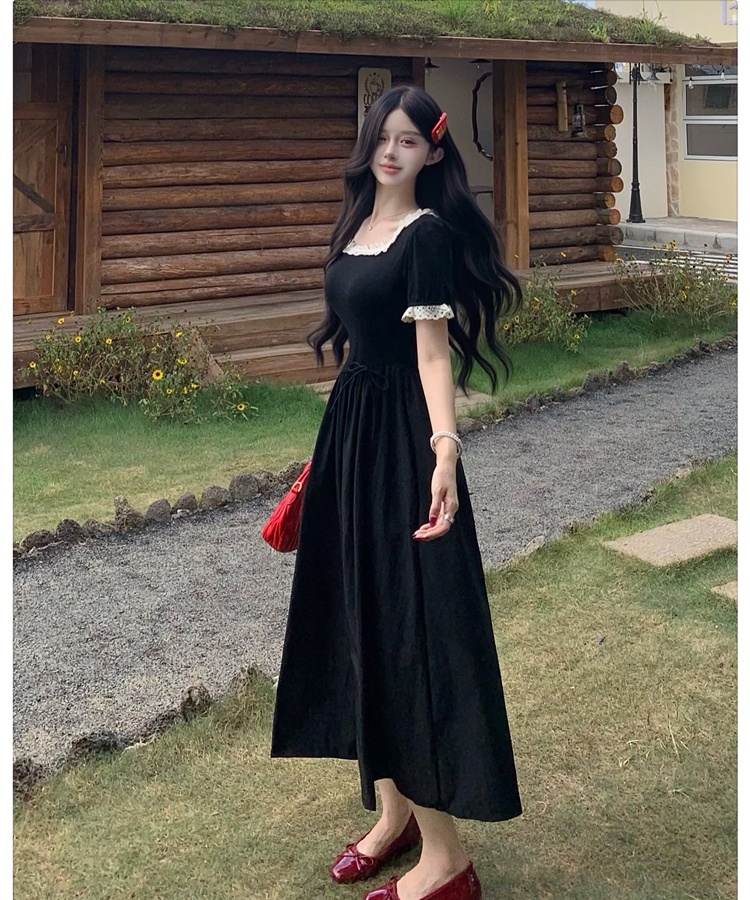 Puff sleeve long dress stitching dress for women