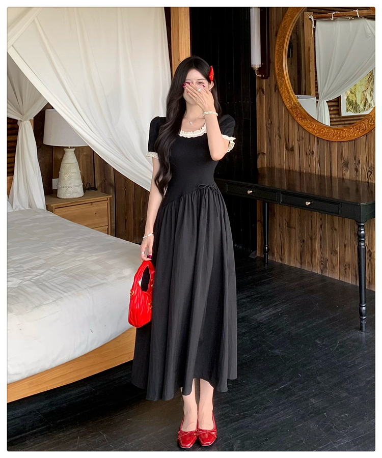 Puff sleeve long dress stitching dress for women