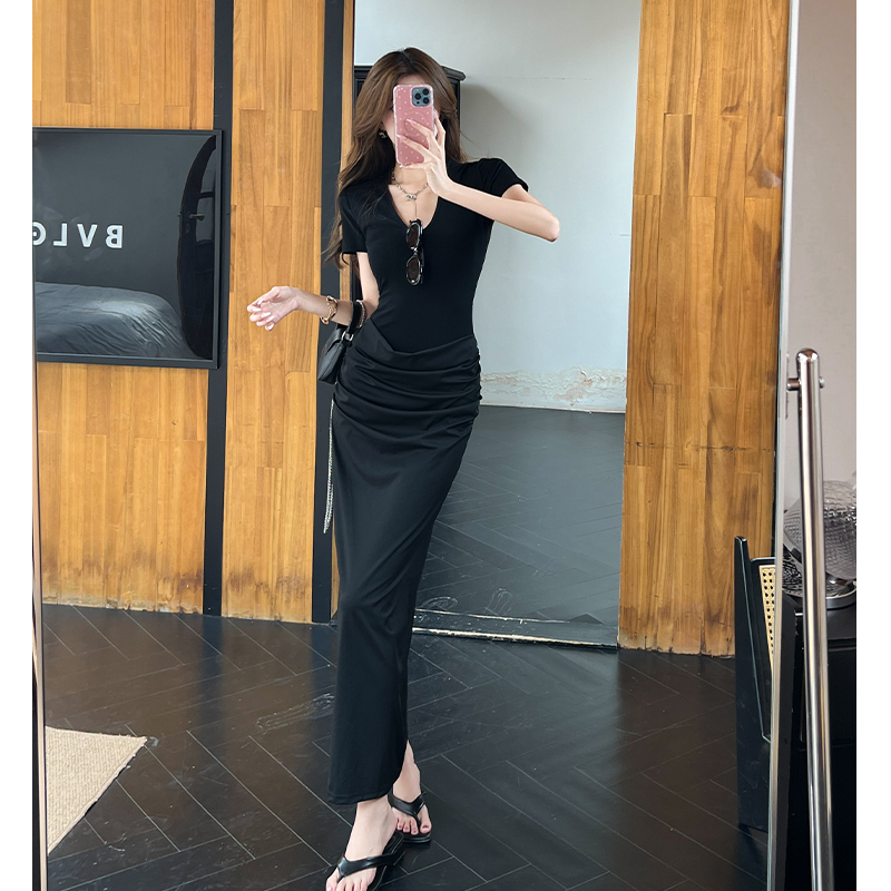 Fold simple long dress V-neck dress for women