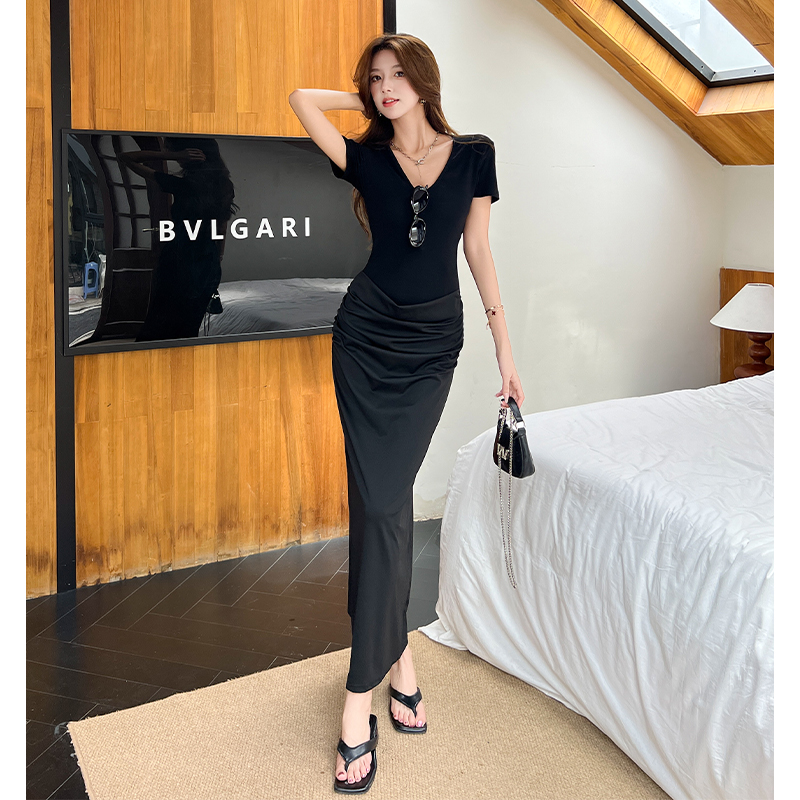 Fold simple long dress V-neck dress for women