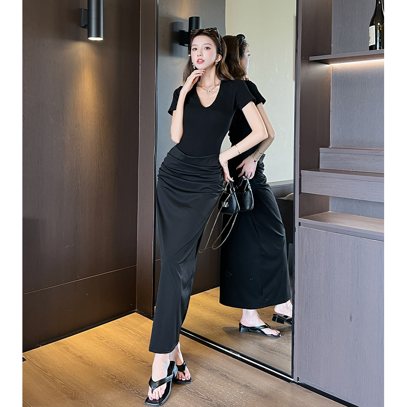 Fold simple long dress V-neck dress for women