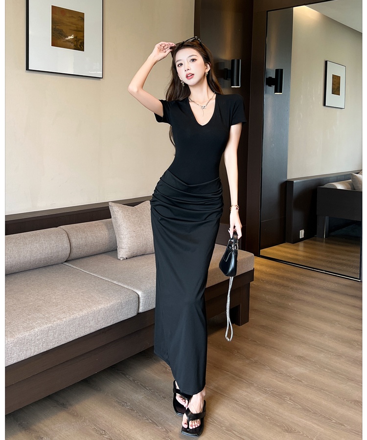 Fold simple long dress V-neck dress for women