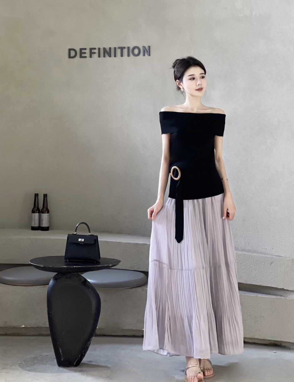 Cake fashion skirt flat shoulder ice silk sweater 2pcs set