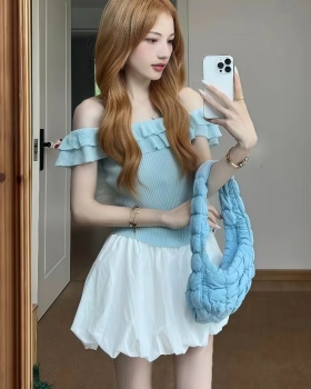 Bud flat shoulder tops lace short skirt 2pcs set