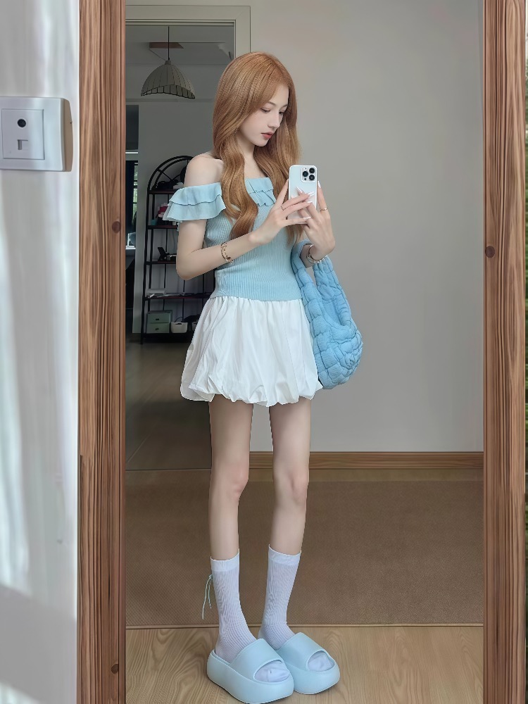 Bud flat shoulder tops lace short skirt 2pcs set