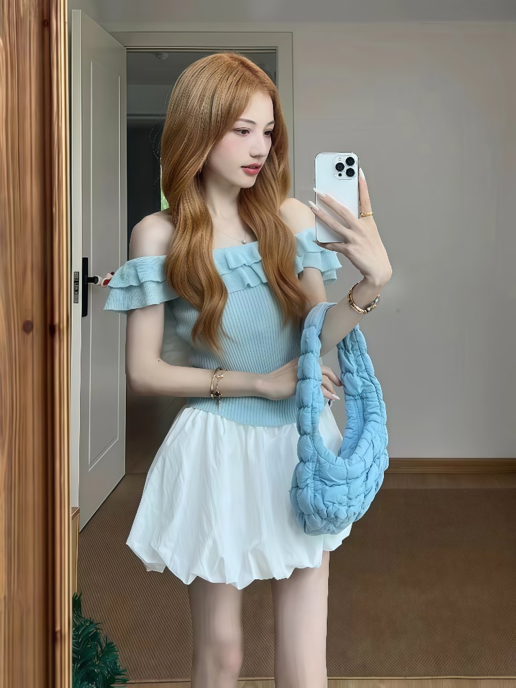 Bud flat shoulder tops lace short skirt 2pcs set