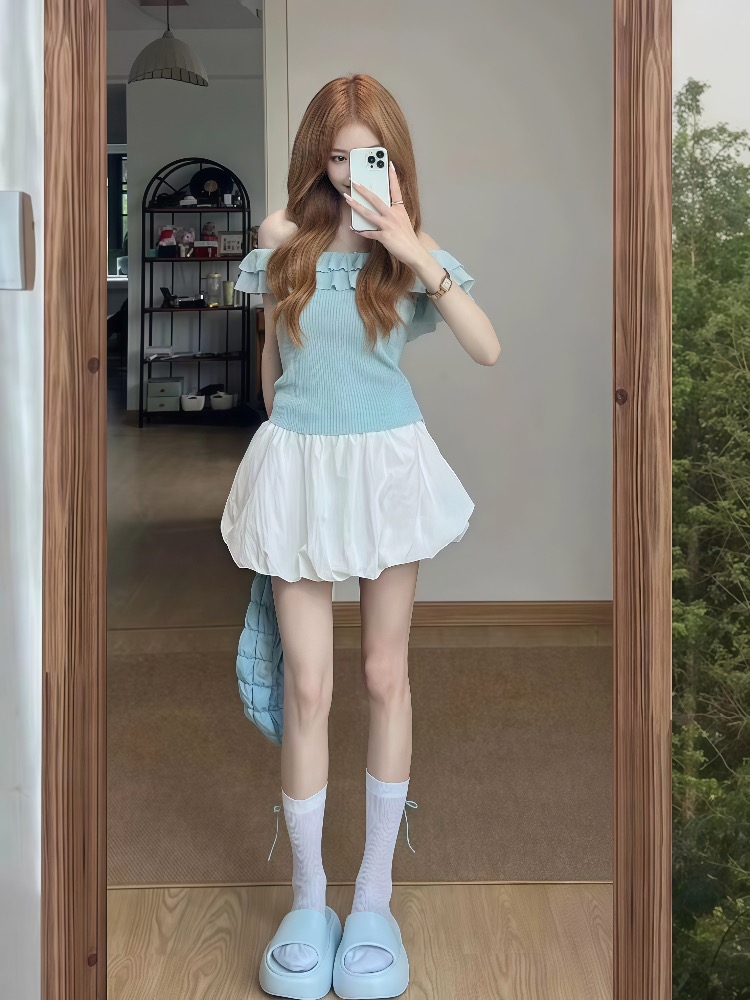 Bud flat shoulder tops lace short skirt 2pcs set