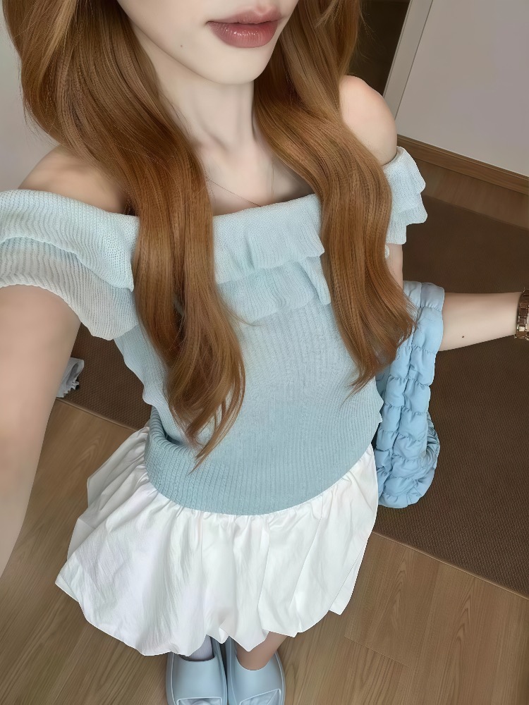 Bud flat shoulder tops lace short skirt 2pcs set