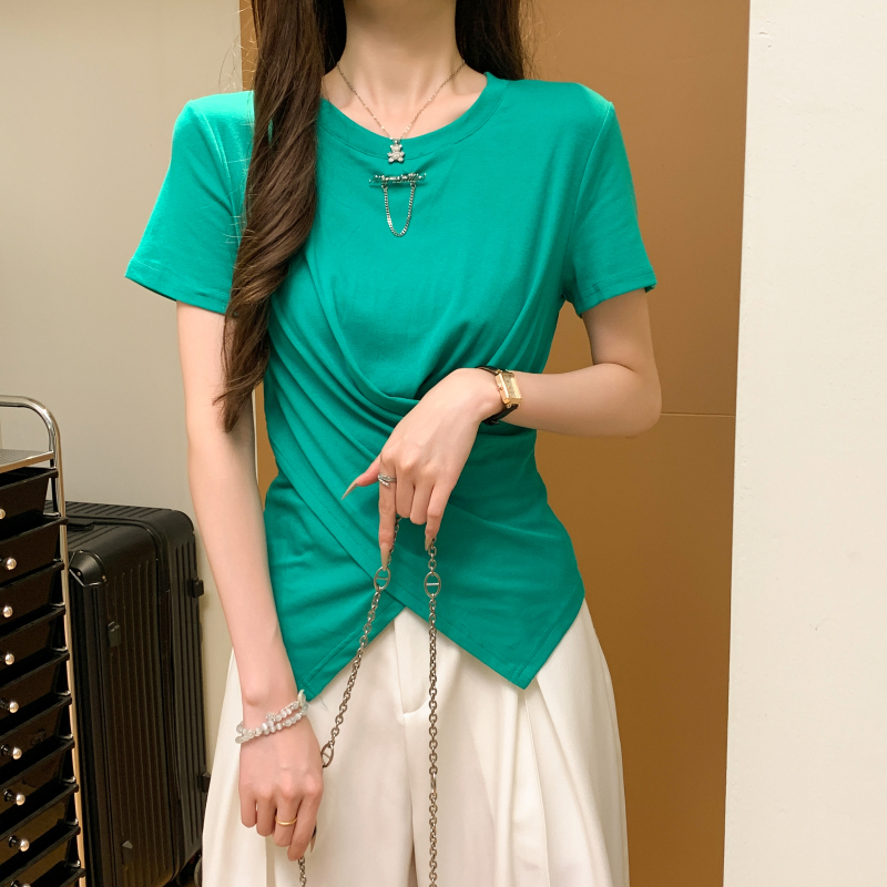 Green short sleeve pullover tops cross summer T-shirt