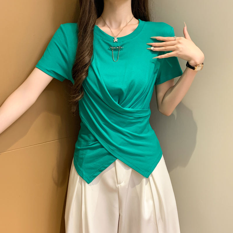 Green short sleeve pullover tops cross summer T-shirt