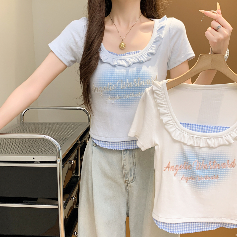 Printing summer splice T-shirt enticement Pseudo-two tops