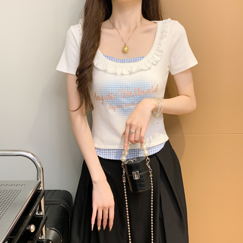 Printing summer splice T-shirt enticement Pseudo-two tops
