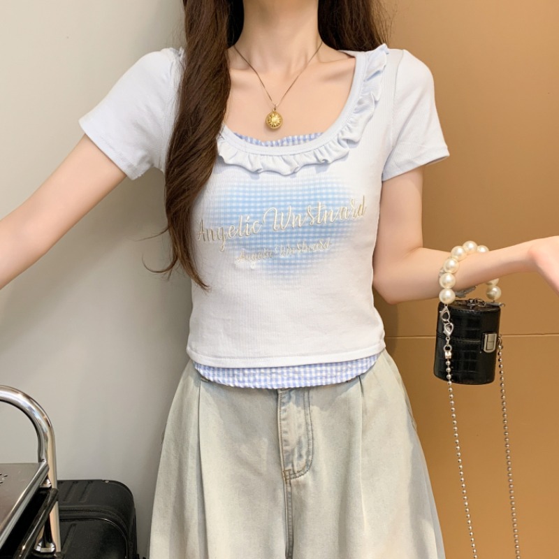 Printing summer splice T-shirt enticement Pseudo-two tops