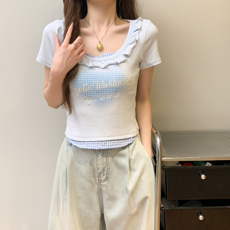 Printing summer splice T-shirt enticement Pseudo-two tops