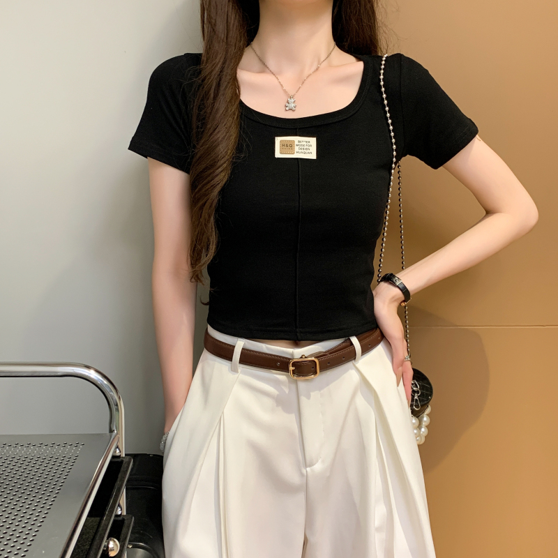 Square collar tops short sleeve T-shirt for women