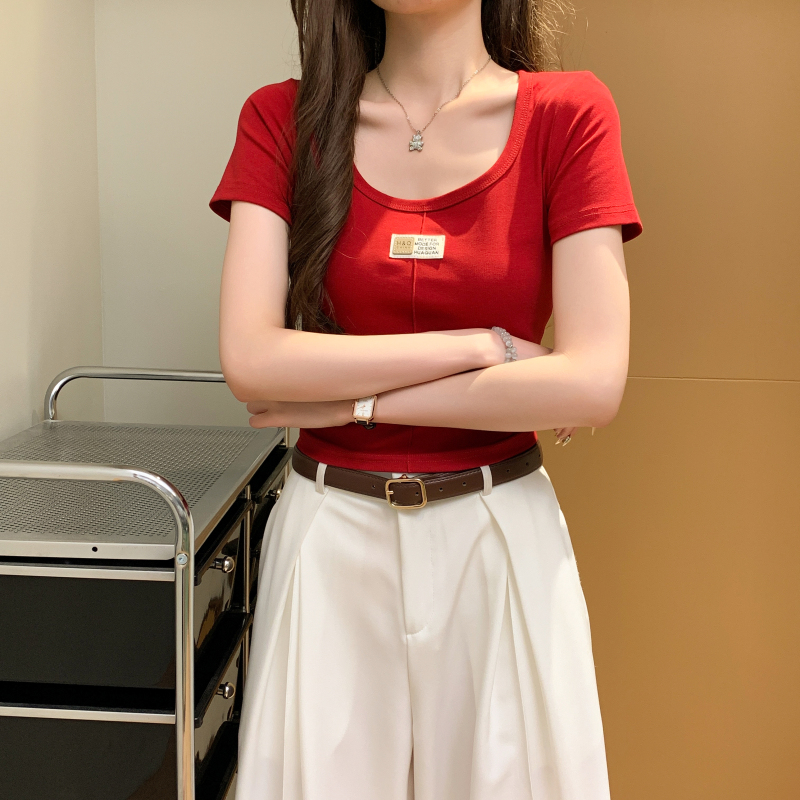 Square collar tops short sleeve T-shirt for women