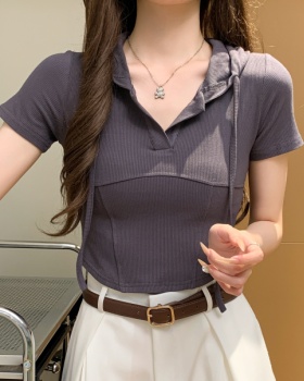 Short sleeve pure V-neck T-shirt short summer tops for women