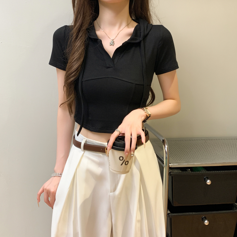 Short sleeve pure V-neck T-shirt short summer tops for women