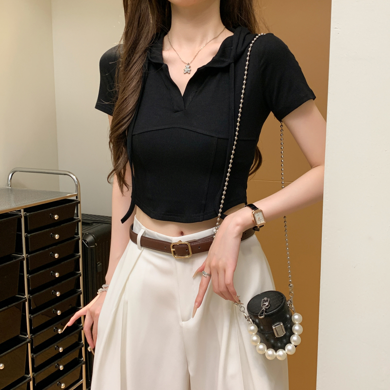 Short sleeve pure V-neck T-shirt short summer tops for women
