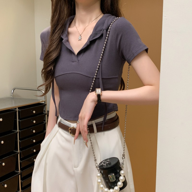 Short sleeve pure V-neck T-shirt short summer tops for women