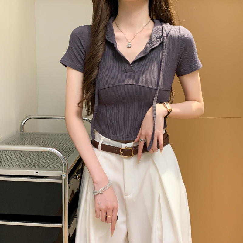 Short sleeve pure V-neck T-shirt short summer tops for women