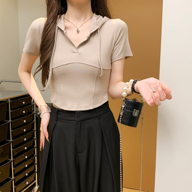 Short sleeve pure V-neck T-shirt short summer tops for women