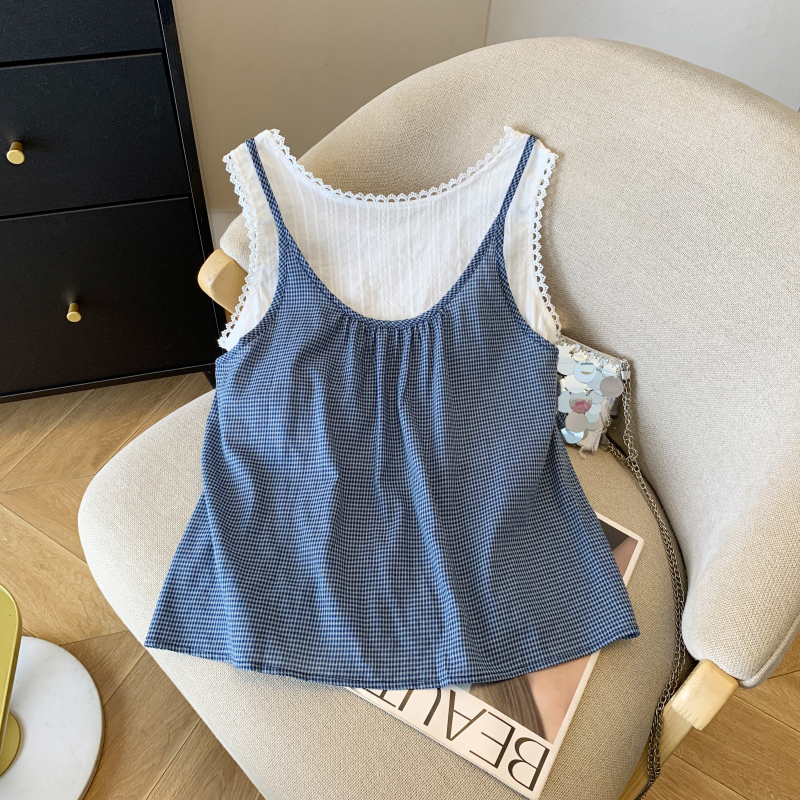 Korean style plaid vest sling tops 2pcs set for women