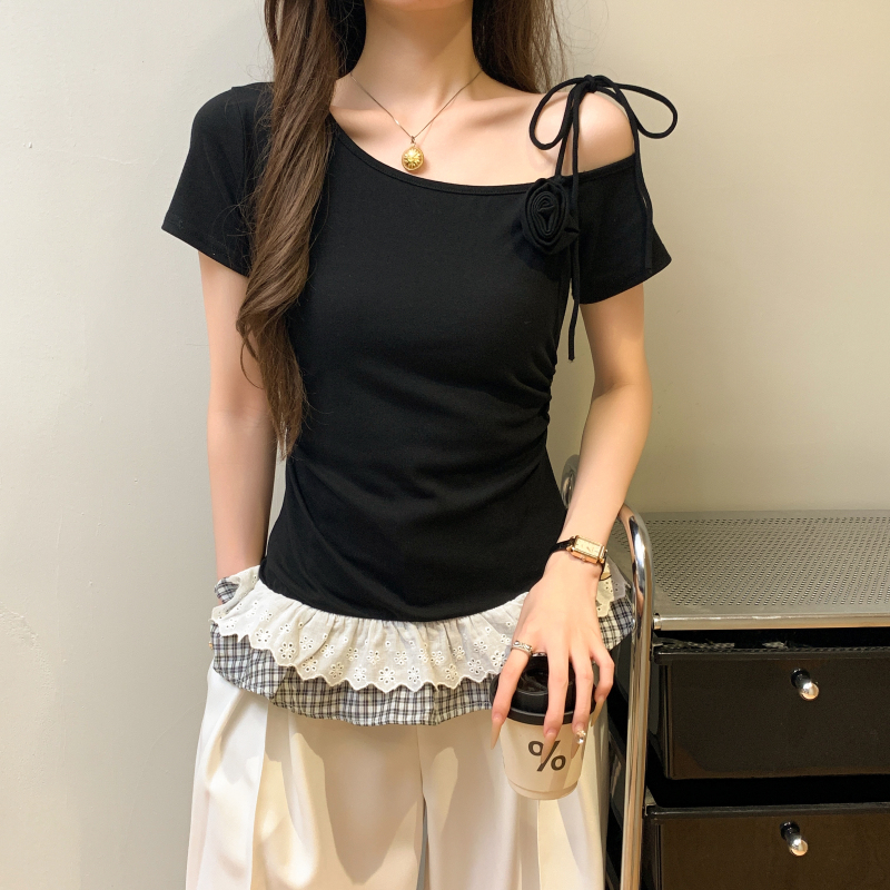 Sloping shoulder T-shirt lace tops for women