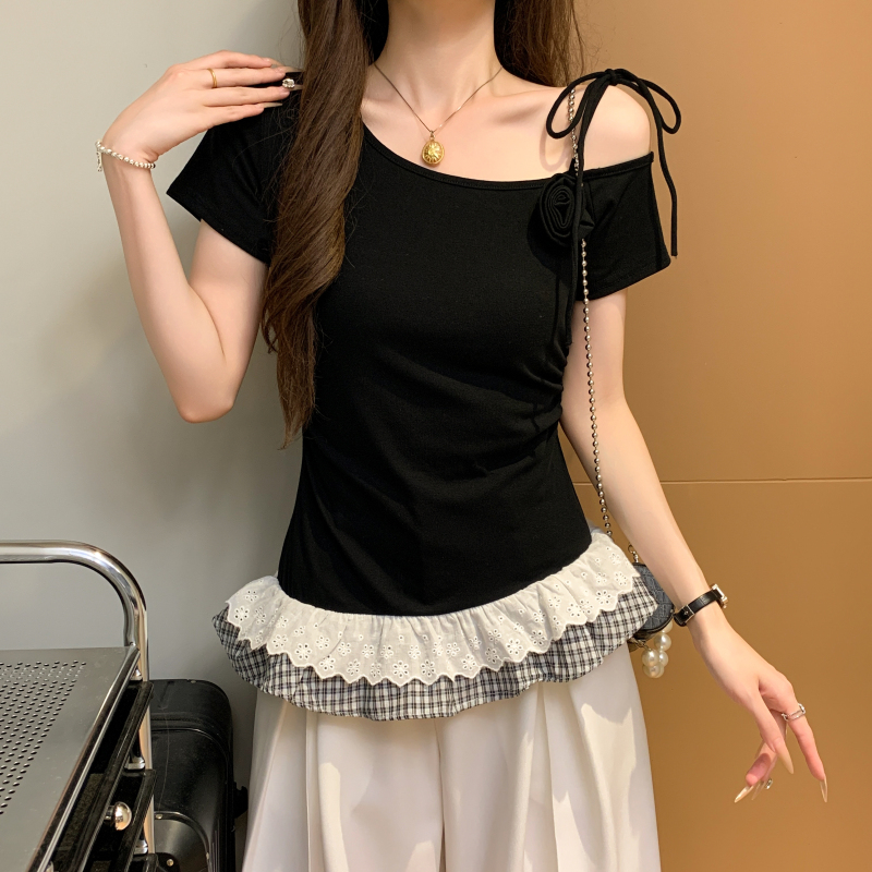 Sloping shoulder T-shirt lace tops for women