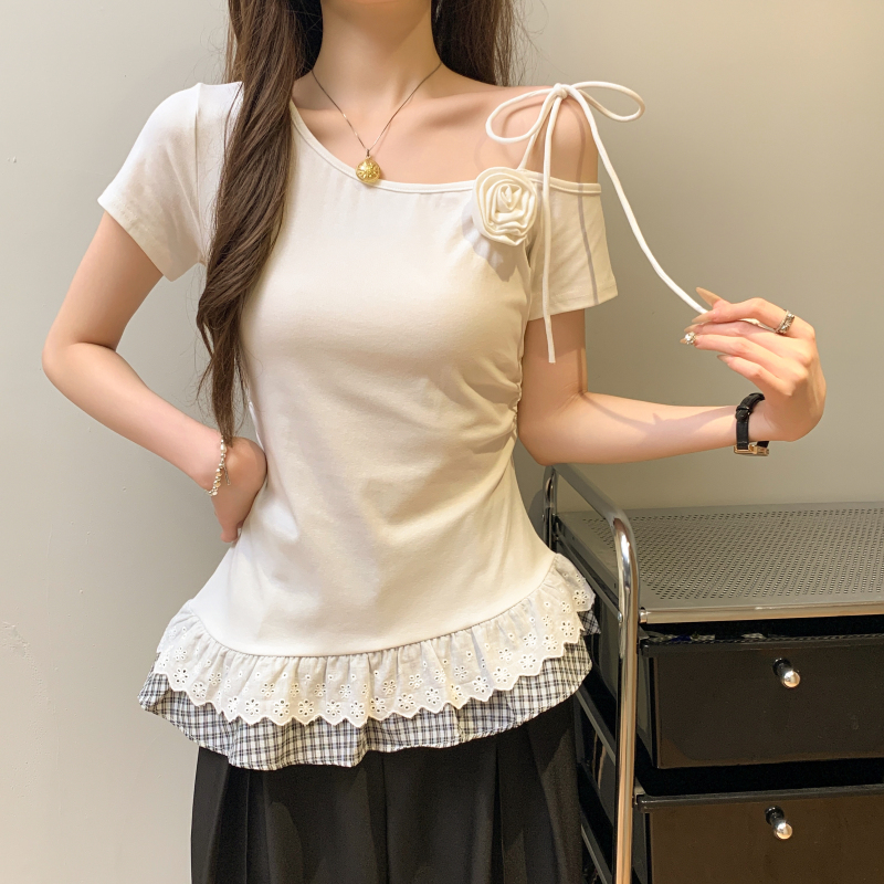 Sloping shoulder T-shirt lace tops for women